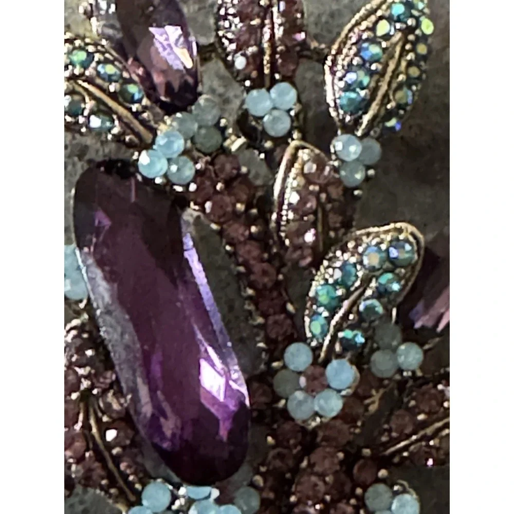 Vintage Amethyst Purple Rhinestone Floral Spray Brooch Aqua Accents Gold Tone